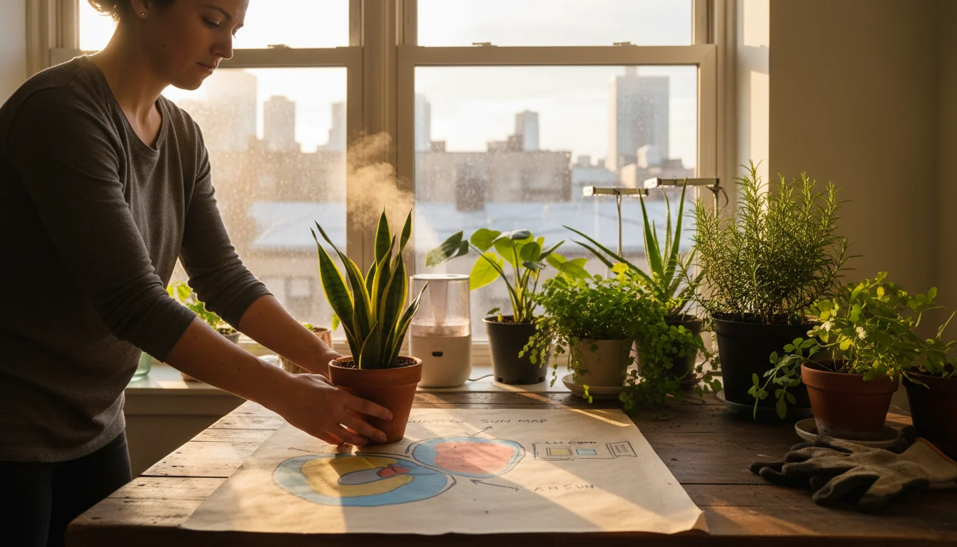A person places a potted plant on a sunny windowsill, consulting a light map, surrounded by various thriving houseplants.