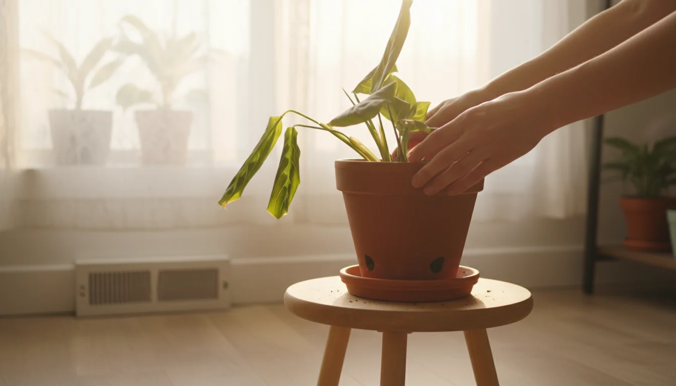 Person placing a droopy prayer plant in a terracotta pot onto a wooden stand by a window with sheer curtains, away from a vent.