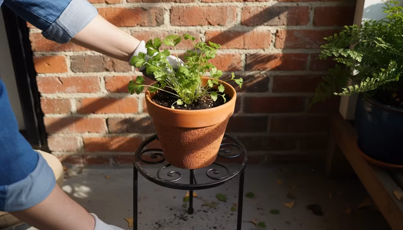 Person placing a terracotta pot of vibrant cilantro onto a metal stand in dappled sunlight on a small balcony, showing strategic placement.