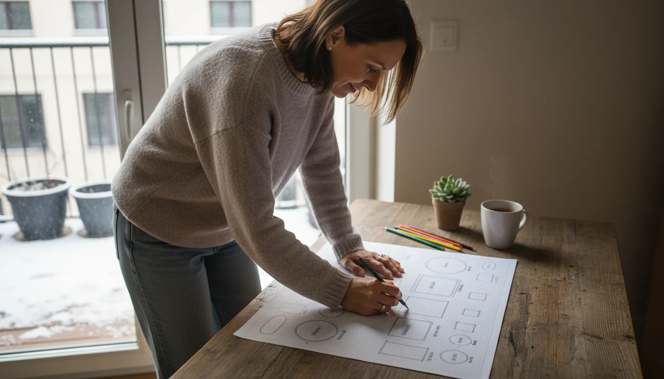 Person planning balcony garden layout on graph paper with plant cut-outs at a table, looking towards an urban balcony outside.