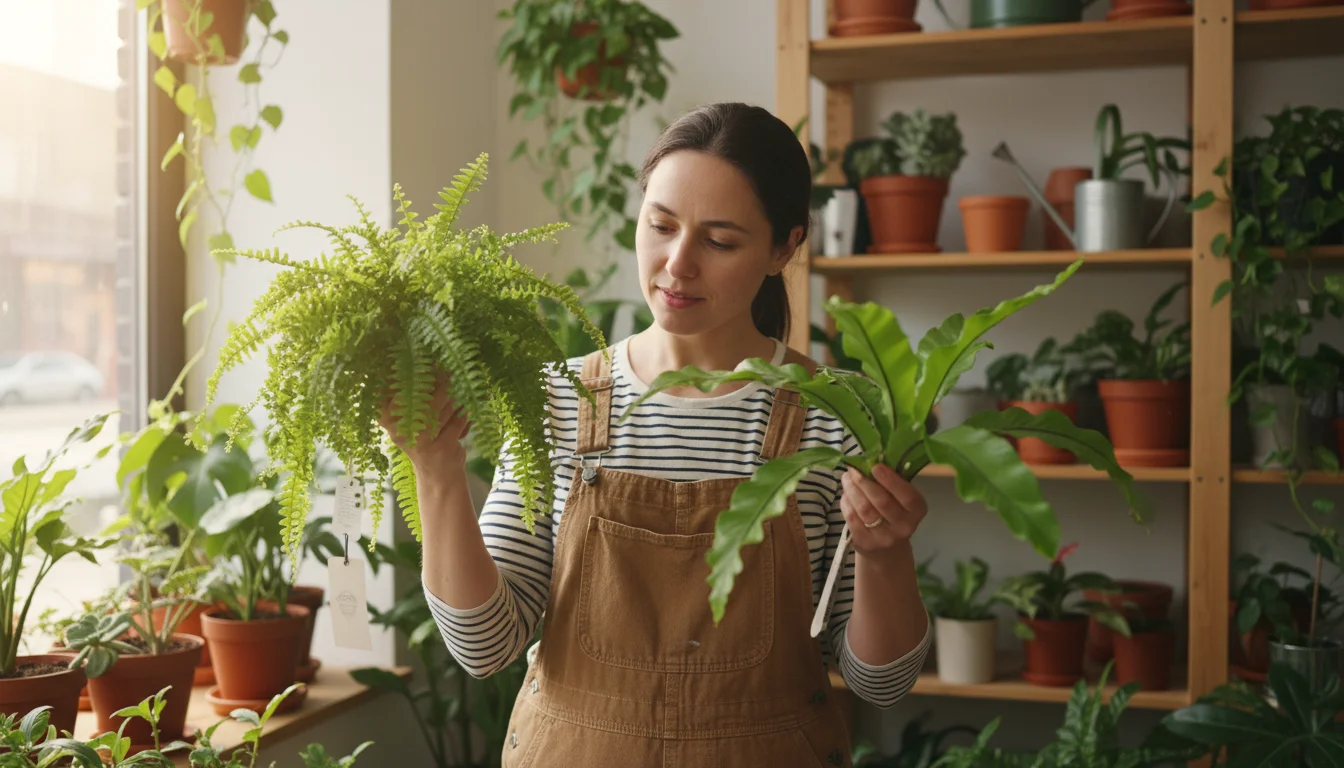 Person in a plant shop holding a Boston fern and a Bird's Nest fern, intently reading the care tag on the Boston fern.