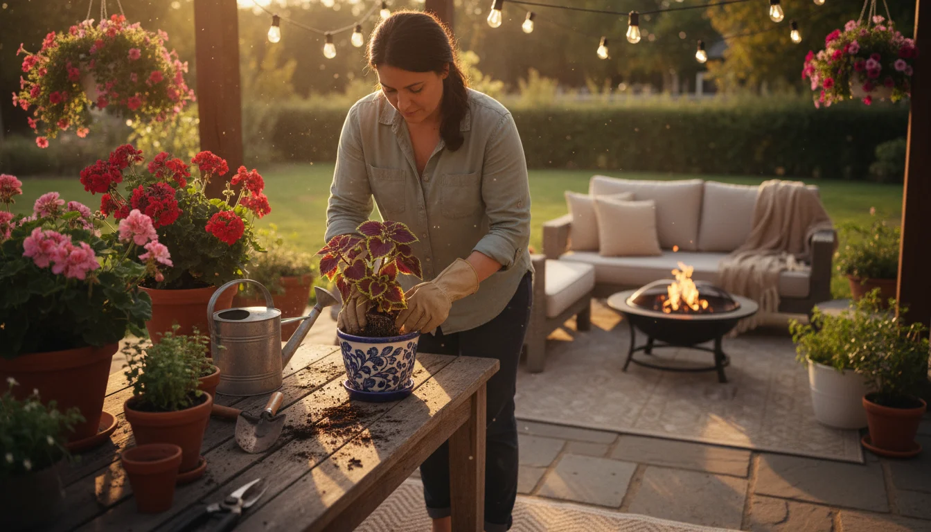Person planting a coleus cutting into a ceramic pot on a rustic table on a sunlit patio, surrounded by other thriving potted plants.