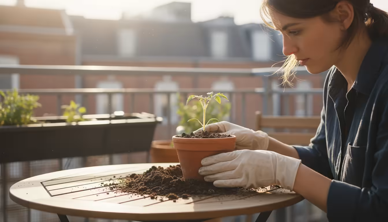 Person carefully plants a micro-tomato seedling into a terracotta pot on a balcony bistro table, with rich soil and sunlight.