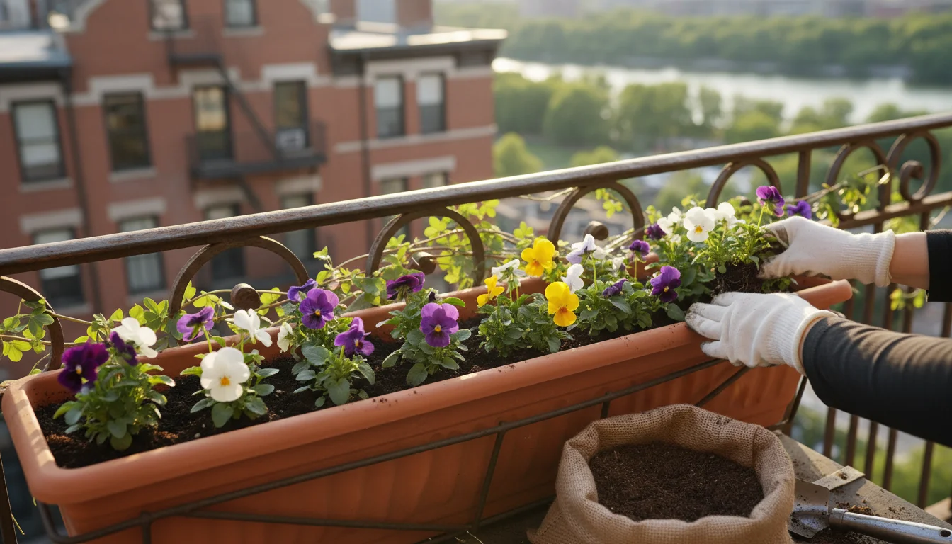 A person carefully plants pansy and viola seedlings, showing correct spacing in a terracotta window box on a sunny balcony.