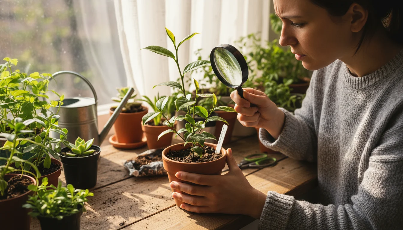 Person examining a potted tea plant with slightly yellowing leaves on a sunlit windowsill.