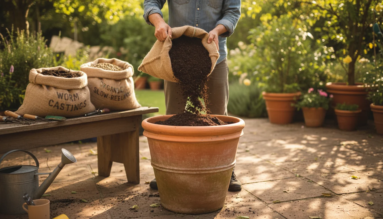 Person pouring compost into a terracotta pot on a cozy patio, with other bags of soil amendments visible.