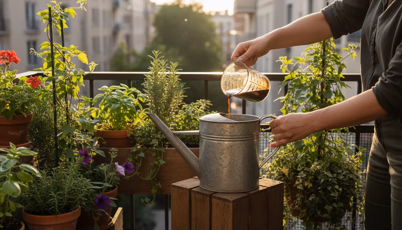 Person pouring dark liquid organic fertilizer into a metal watering can amidst lush container plants on a sun-dappled balcony.
