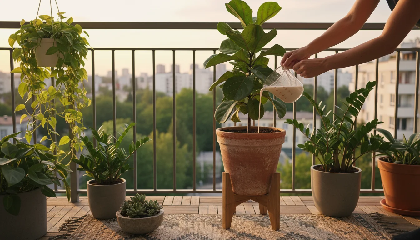 Person pouring milky liquid from a measuring cup into a terracotta potted plant on a small balcony.