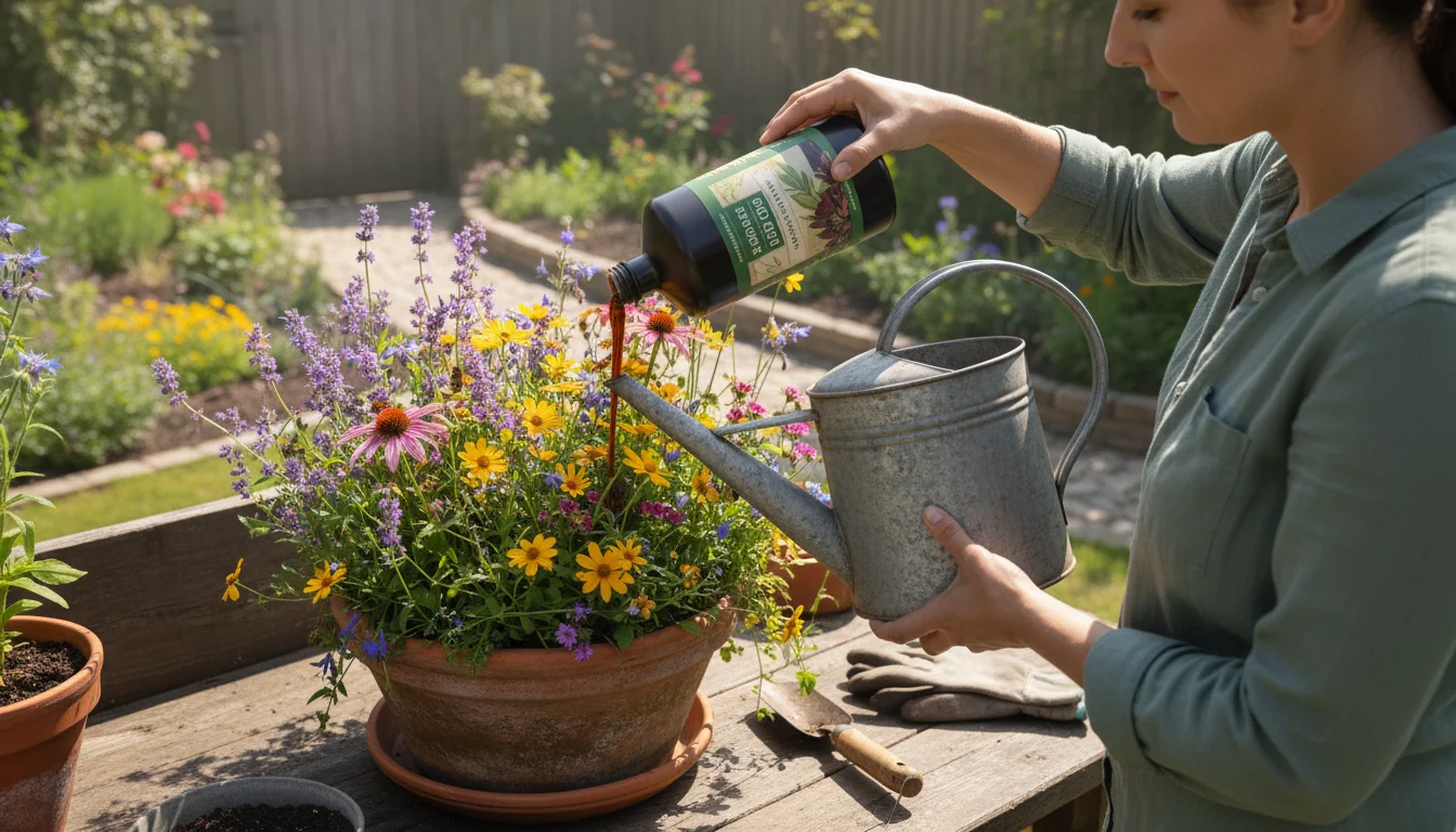 Person pouring organic liquid fertilizer into a watering can, preparing to feed profusely blooming spring flowers in a pot on a sunny balcony.