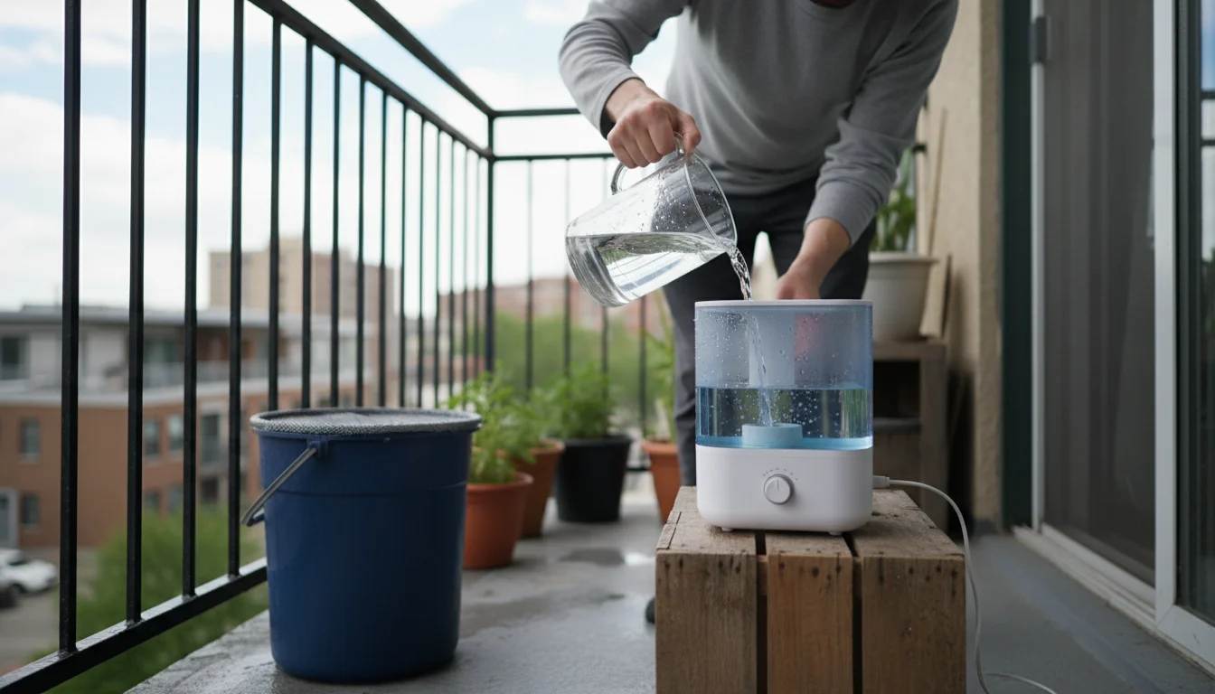 A person pours collected rainwater from a jug into a small humidifier on a balcony, surrounded by various container plants.