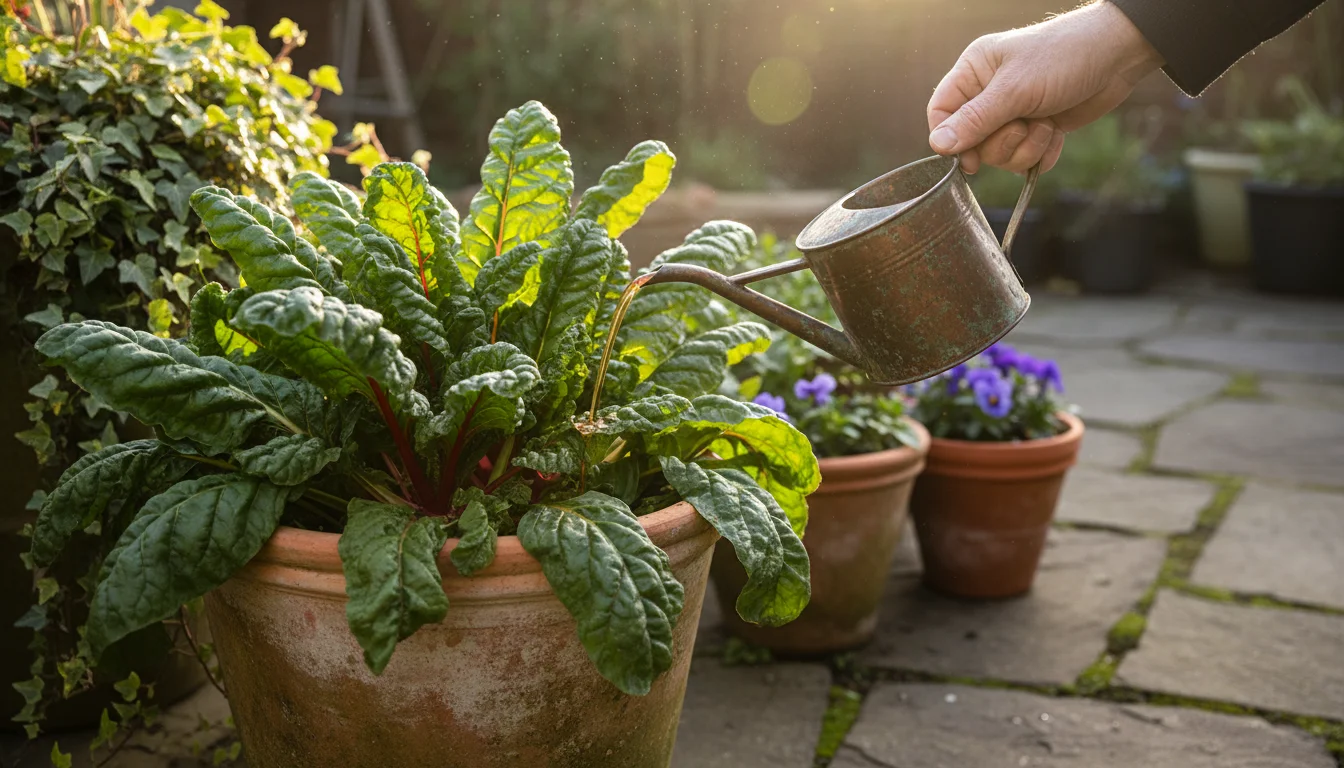 A person pours diluted liquid fertilizer onto lush fall greens in a terracotta pot on a sunny patio, with other container plants nearby.