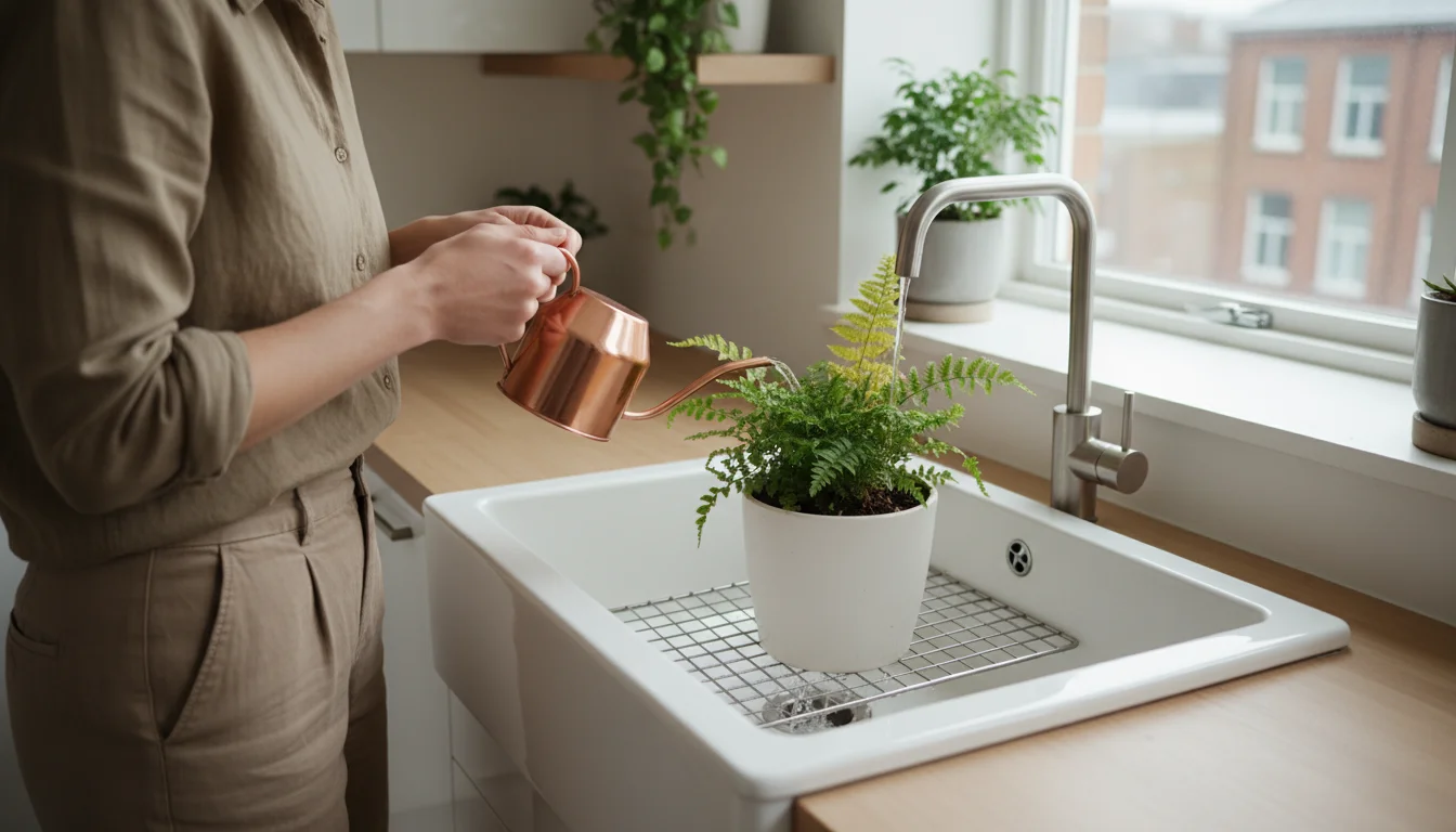 A person pours water from a watering can into a ceramic pot with a yellowed fern in a kitchen sink, showing drainage.
