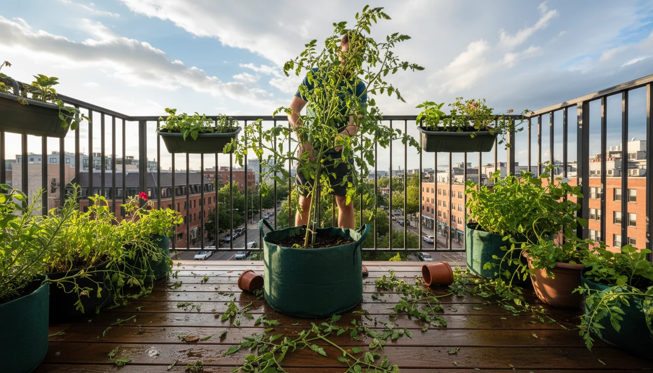 Person props a tomato plant in a grow bag on a post-storm balcony, with scattered leaves and tipped pots.