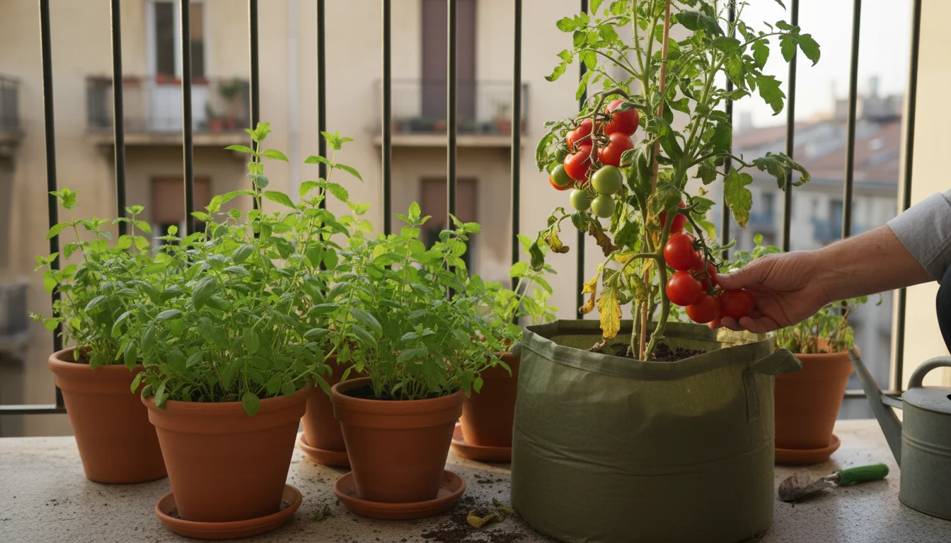 A person prunes herbs in a small, thriving yet imperfect balcony garden with container tomatoes and a notebook on the railing.