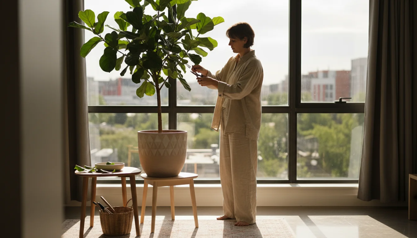 Person prunes a thriving indoor tree in a modern pot near a sunny apartment window, small shears in hand, reflecting spring/summer care.