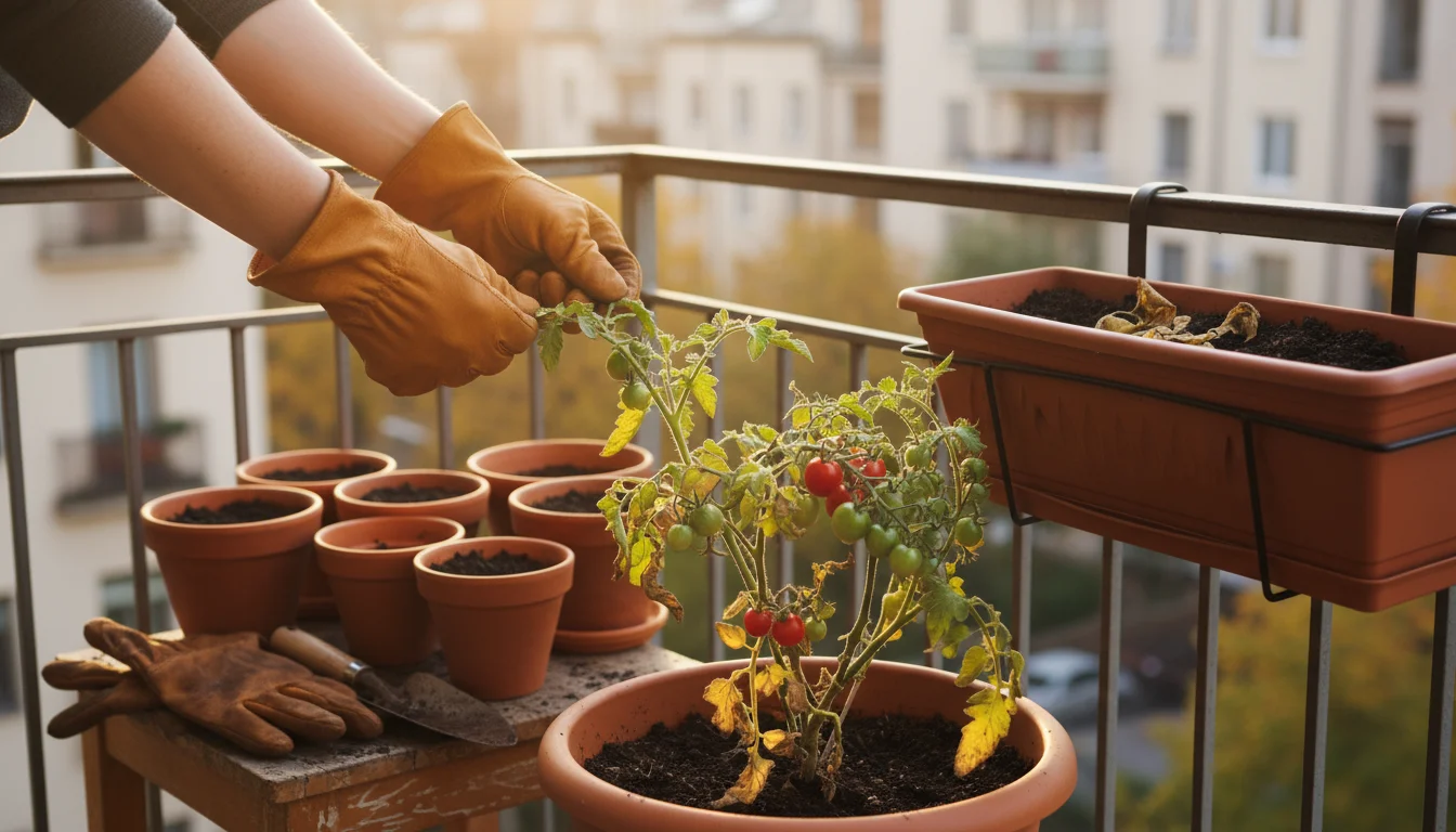 A person prunes yellowing leaves from a tomato plant in a pot on a balcony. Other tidied pots and tools are visible.