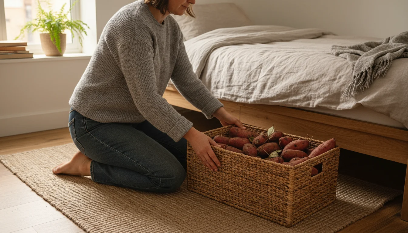 Person pulling a woven basket of cured sweet potatoes from under a bed in a small bedroom.