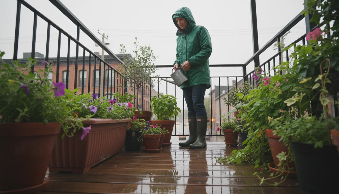 A person in a rain jacket surveys wet container plants on a balcony after heavy rain, observing drainage and puddles.