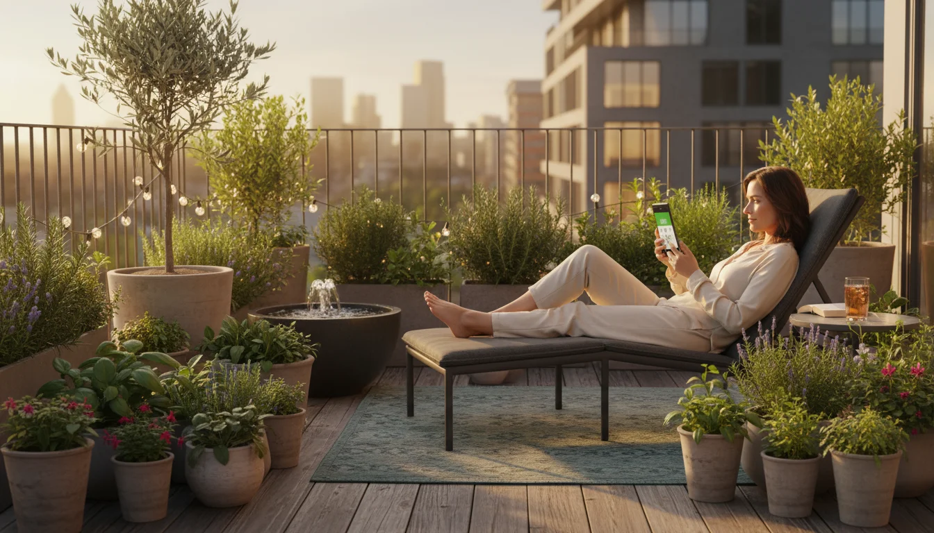 A person relaxes on a balcony lounge chair, looking at a phone, surrounded by container plants with micro-drip lines and a smart controller.