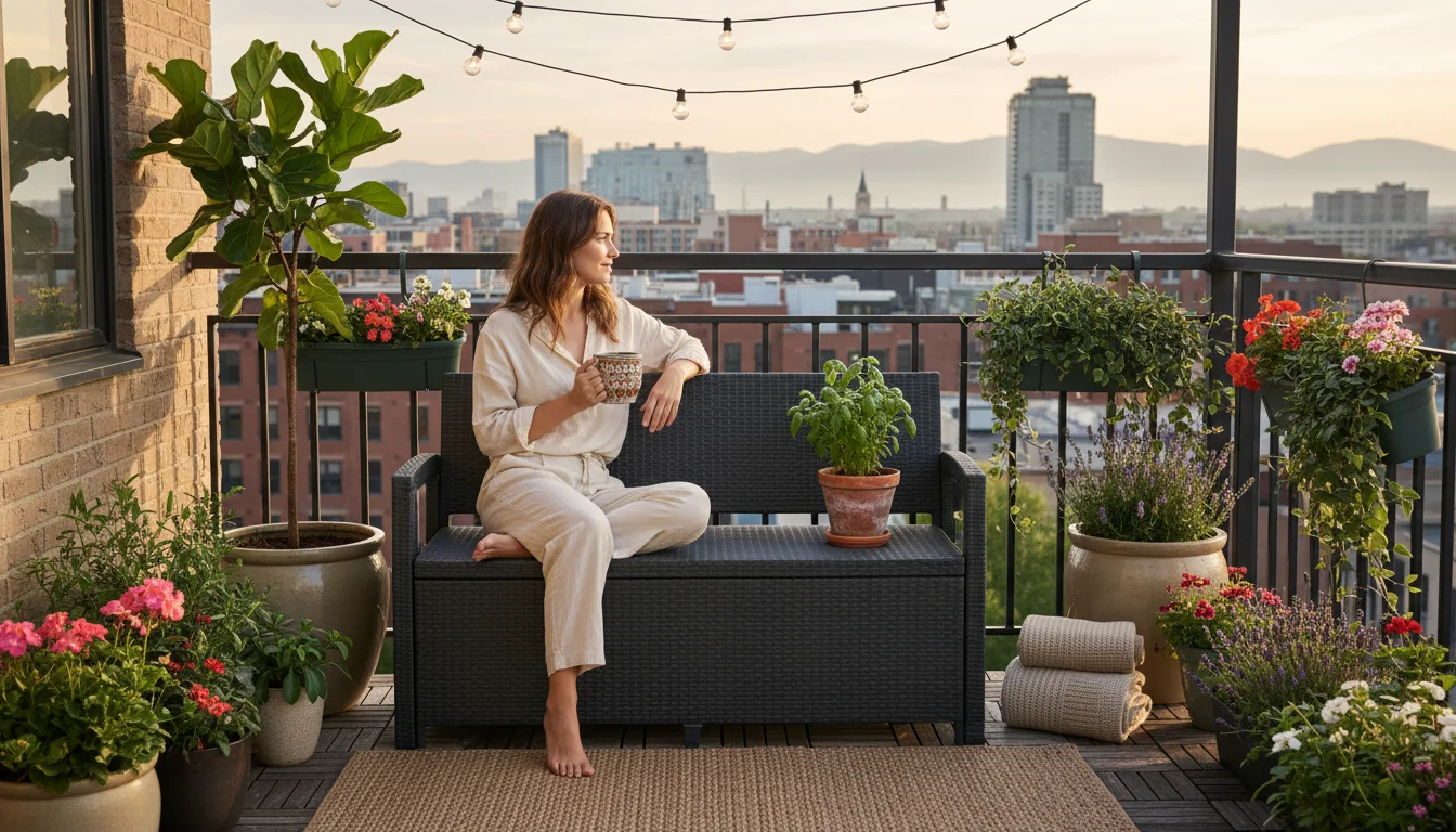 A person relaxes on a stylish dark gray rattan storage bench on a cozy apartment balcony filled with container plants.