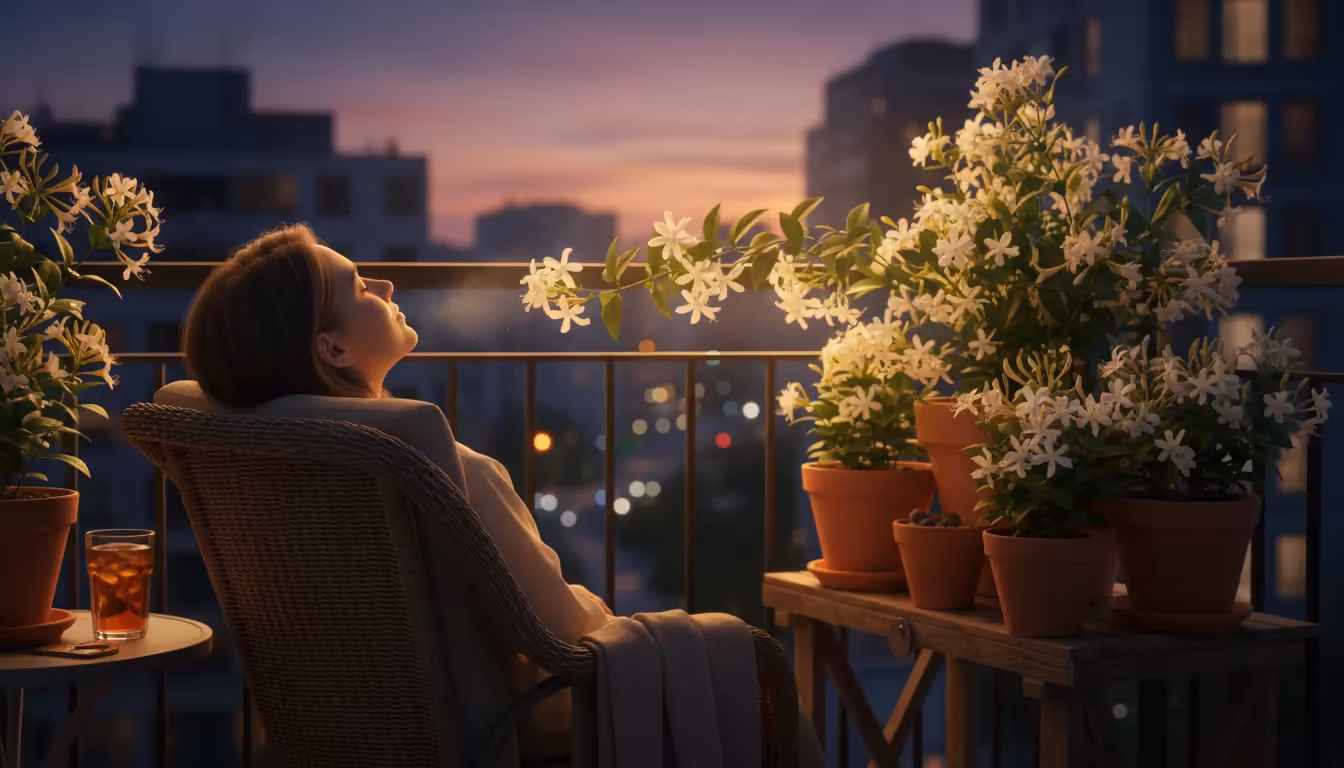 Person relaxing on a balcony at dusk, fragrant jasmine and honeysuckle in pots strategically placed nearby to maximize scent with a gentle breeze.