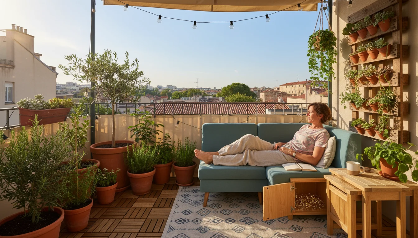 Wide shot of a person relaxing on a compact loveseat on a small urban balcony, surrounded by nesting tables and vertical herb planters.
