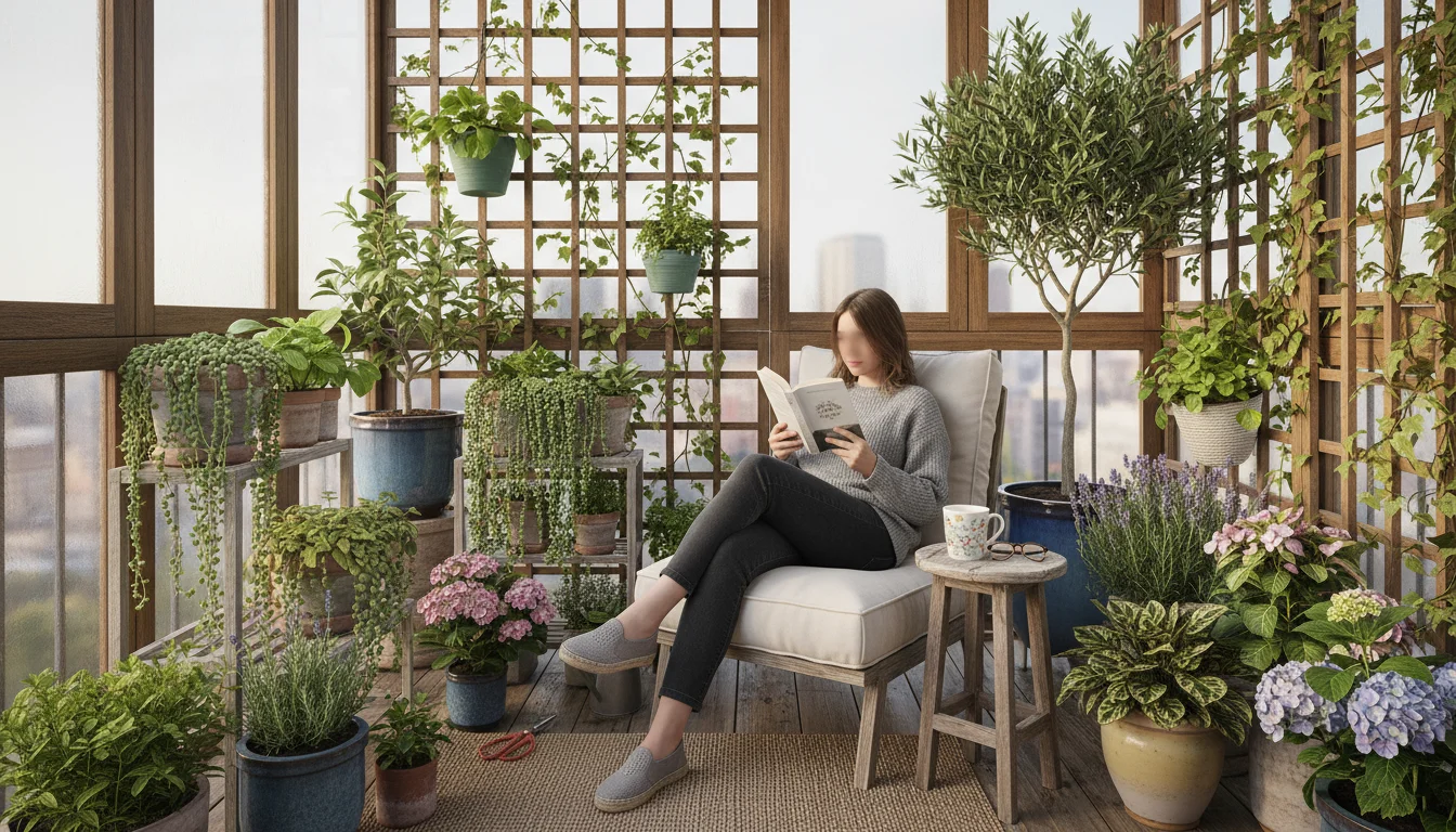 A person relaxing in a cozy balcony garden armchair, surrounded by low-maintenance container plants and a vertical herb garden.