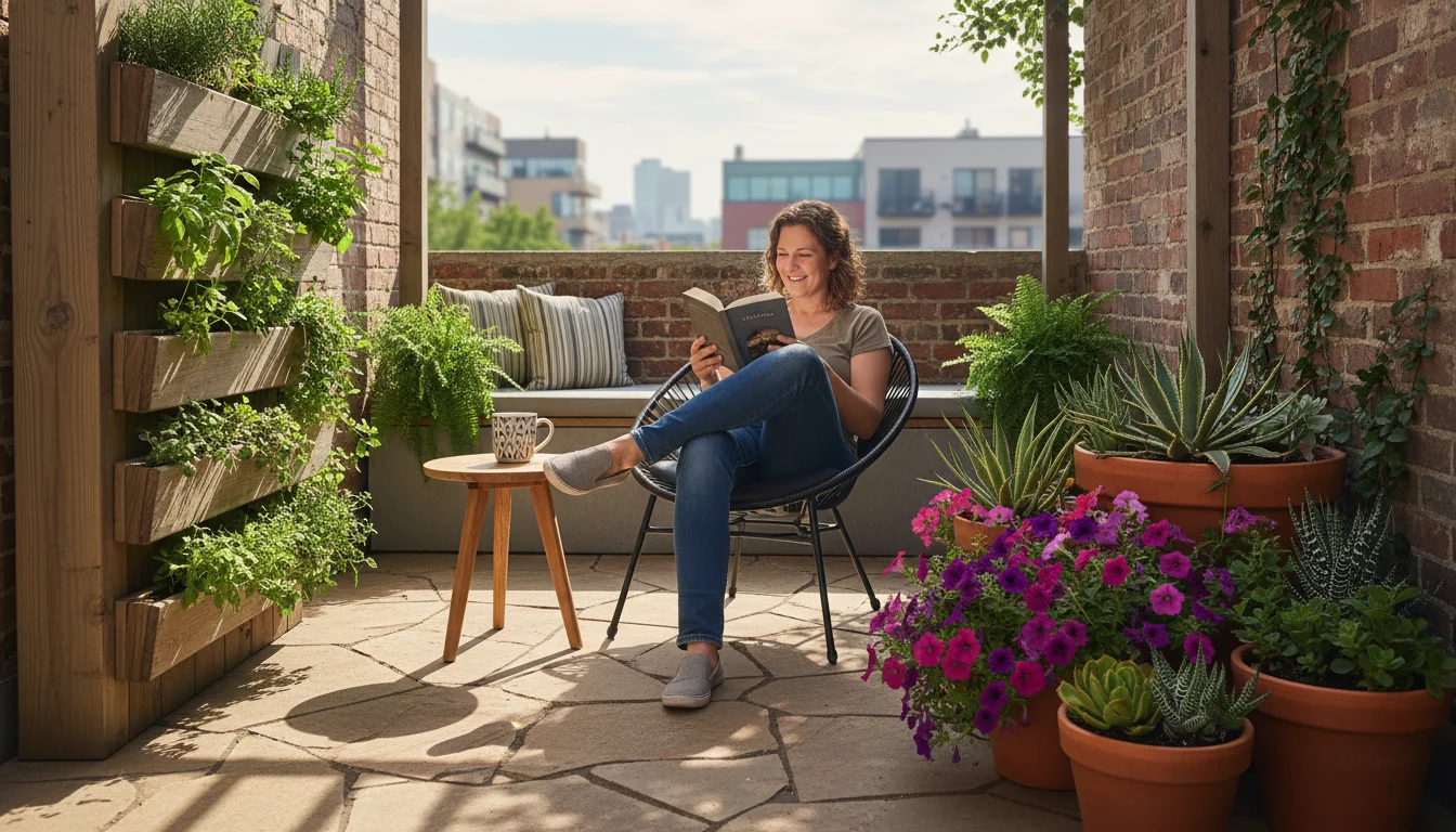 Person relaxing in a modern armchair on a small patio, surrounded by diverse, low-maintenance container gardens and vertical planters.