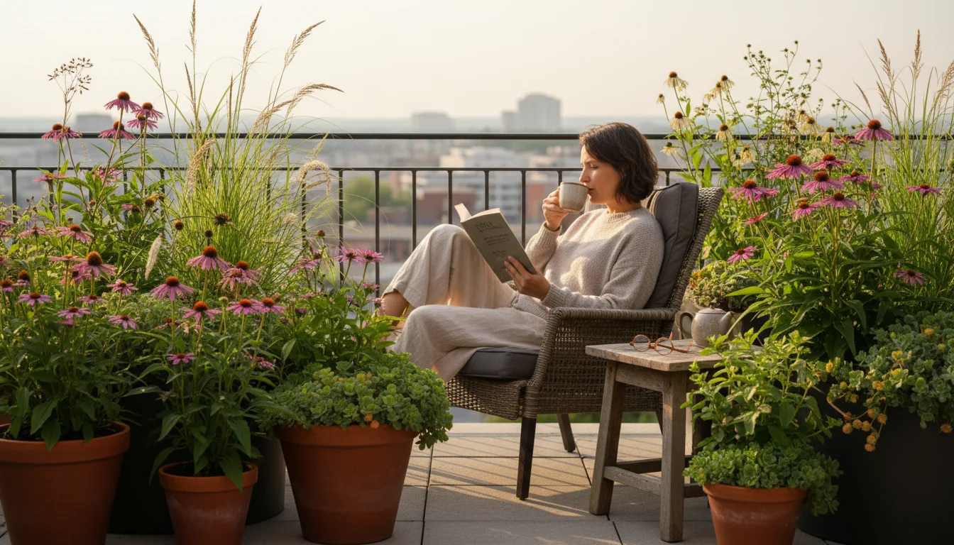 Person relaxing on a patio, surrounded by thriving native plants in various containers, bathed in golden afternoon light.