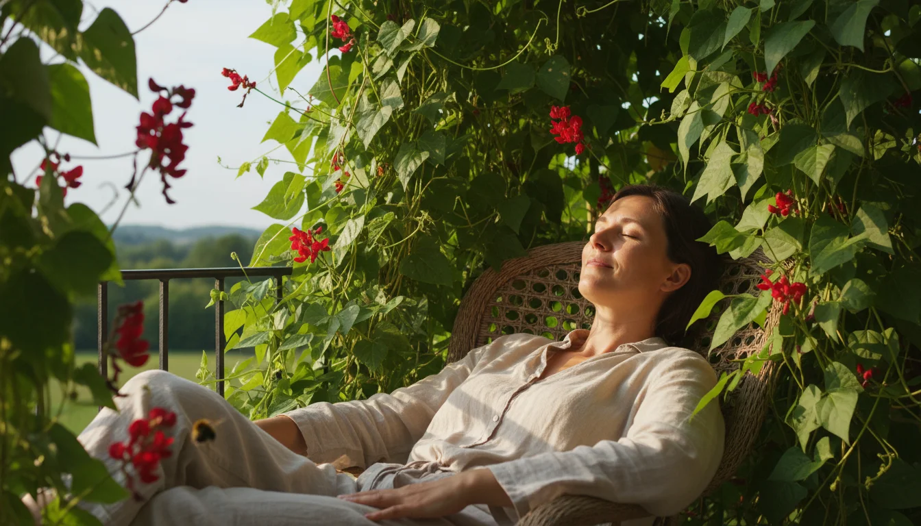 Person relaxing peacefully, eyes closed, on a balcony chair, surrounded by a lush scarlet runner bean shade curtain with dappled light.