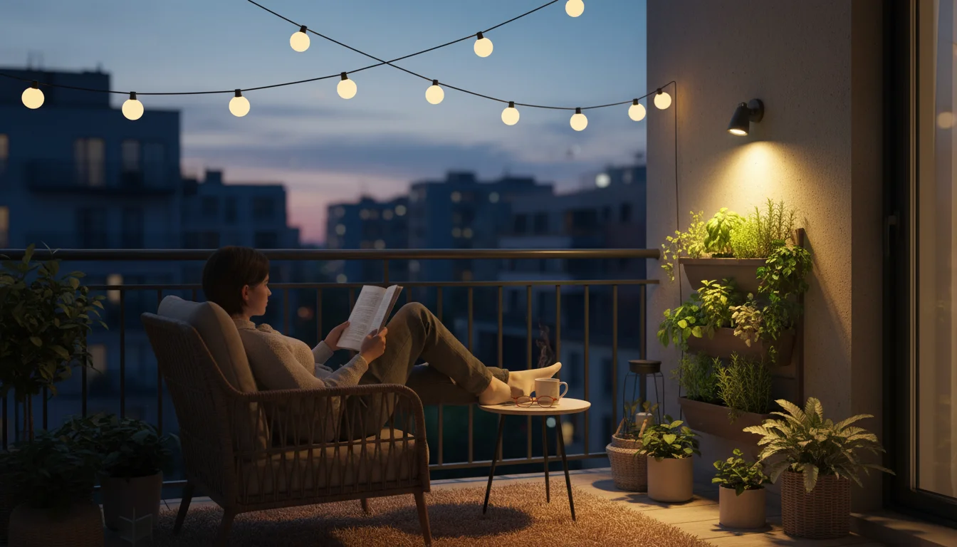 A person relaxing on a small balcony at dusk, illuminated by soft frosted string lights and a downward-angled spotlight on plants.