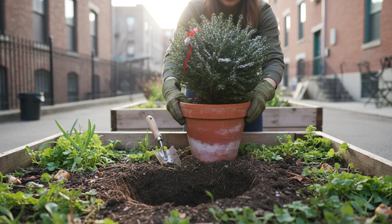 Person carefully removes an evergreen from a terracotta pot, next to a freshly dug hole in a small garden bed.