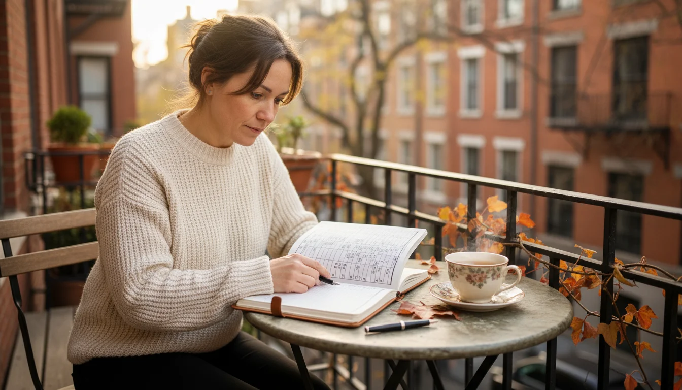 Person reviewing a gardening budget spreadsheet at a small table on a late autumn balcony, surrounded by end-of-season container plants.