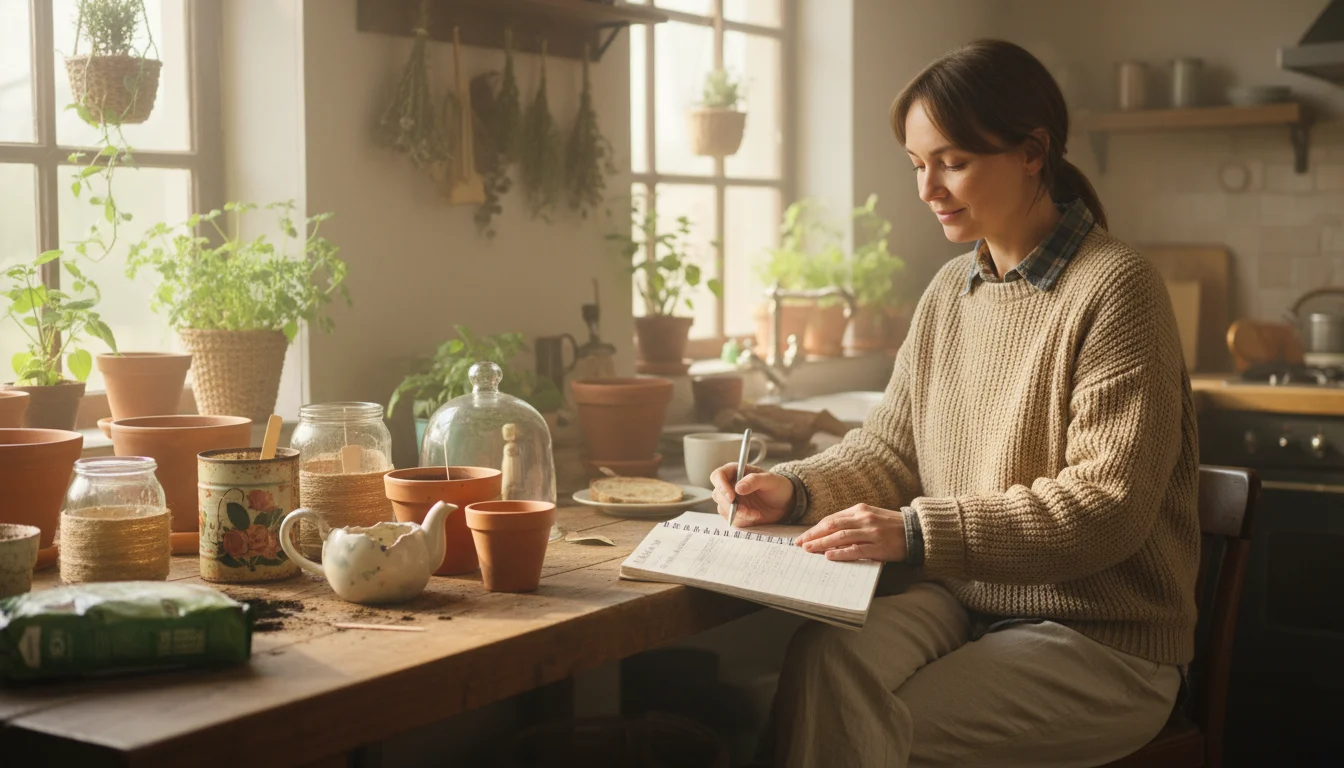 Person reviews garden budget notes with repurposed containers and seed packets on a sunlit table indoors.
