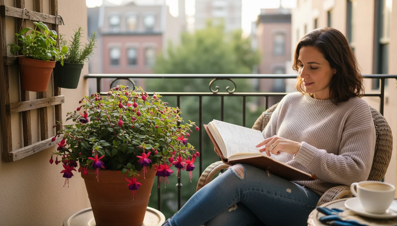 A person reviews a garden budget on a tablet while sitting on a balcony with thriving container herbs.