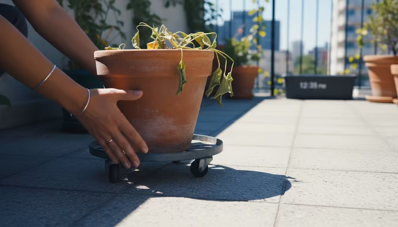 A person rolls a container plant on a wheeled caddy from bright sun into a distinct shadow on an urban balcony.