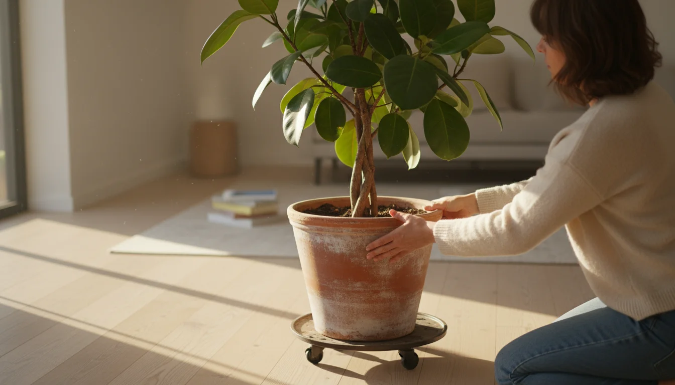 Person gently rotates a large, potted Ficus 'Audrey' on a wheeled caddy near a sunlit apartment window, demonstrating seasonal care.