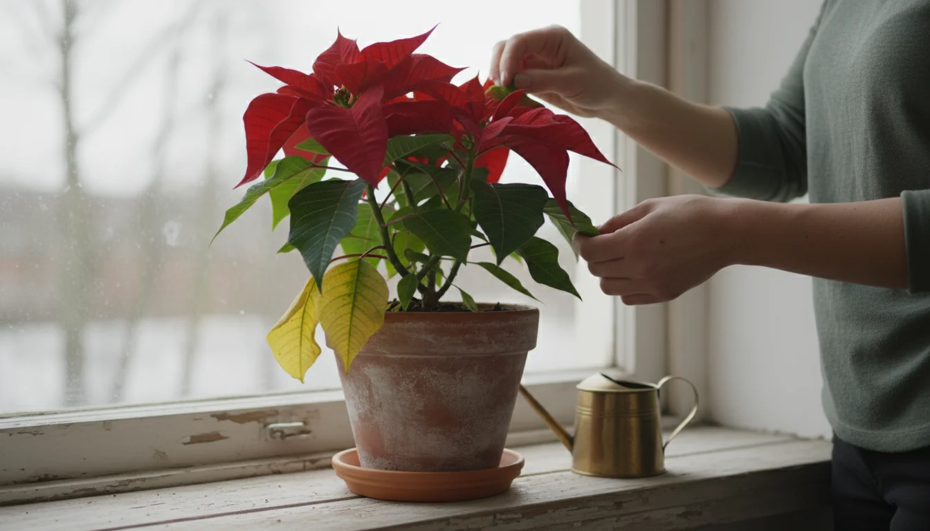 Person gently rotates a Poinsettia plant in a terracotta pot, inspecting its slightly yellowing leaves on a windowsill.