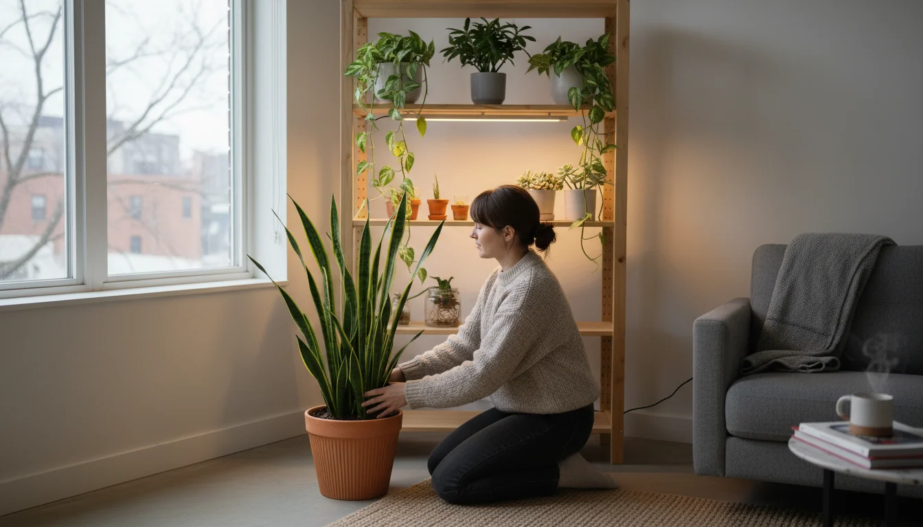 A person rotates a potted snake plant under a warm-toned LED grow light bar in a dim urban apartment during winter.