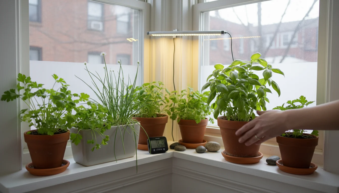 Person rotating a potted basil plant on a bright window shelf with a grow light supplementing winter sun.