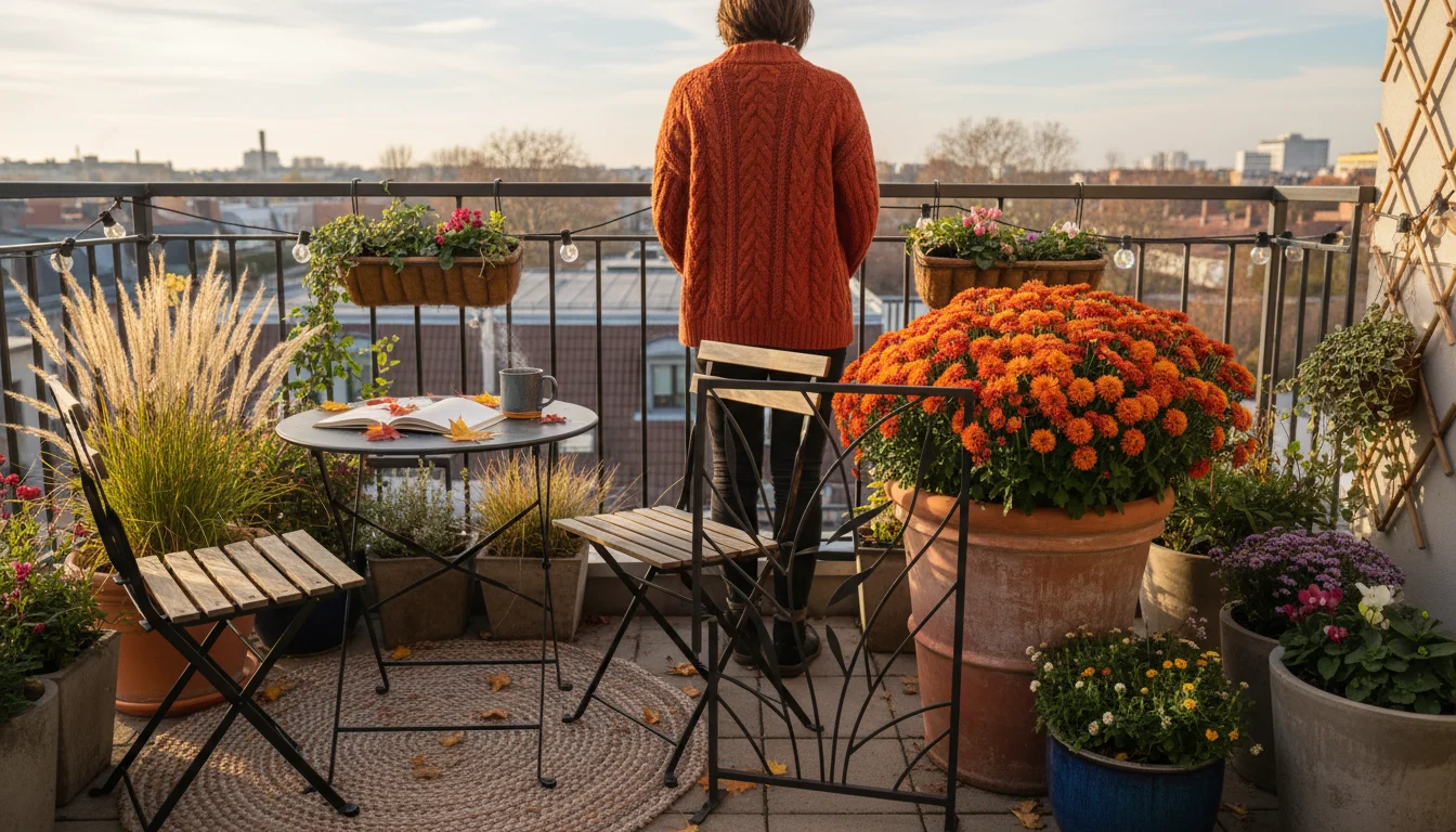 Person in a rust-colored sweater observes a colorful autumn container garden on a small balcony with a decorative metal windbreak.
