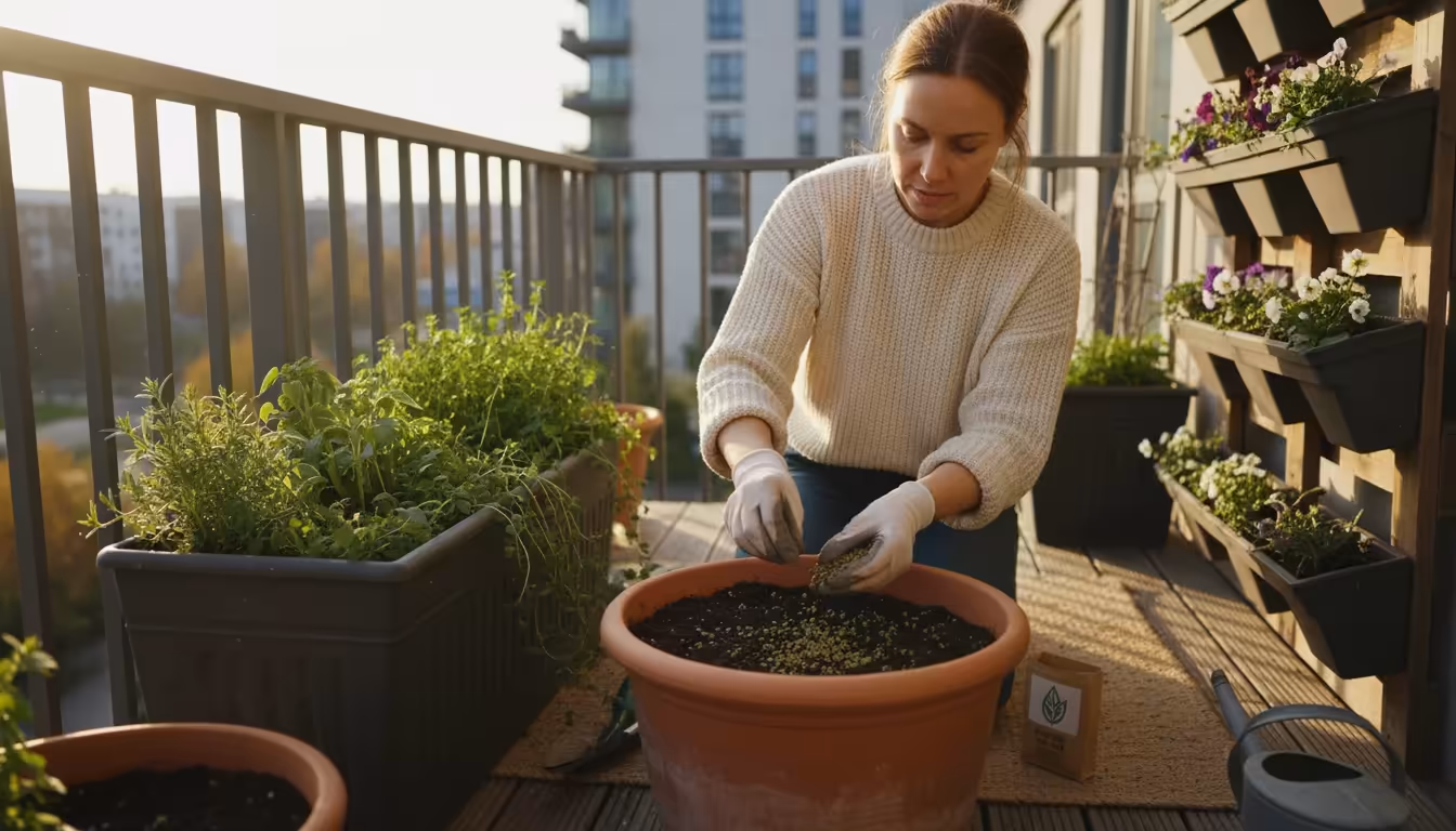 Person scattering cover crop seeds from a packet into a terracotta pot on a balcony, showing a simple step for healthier soil.