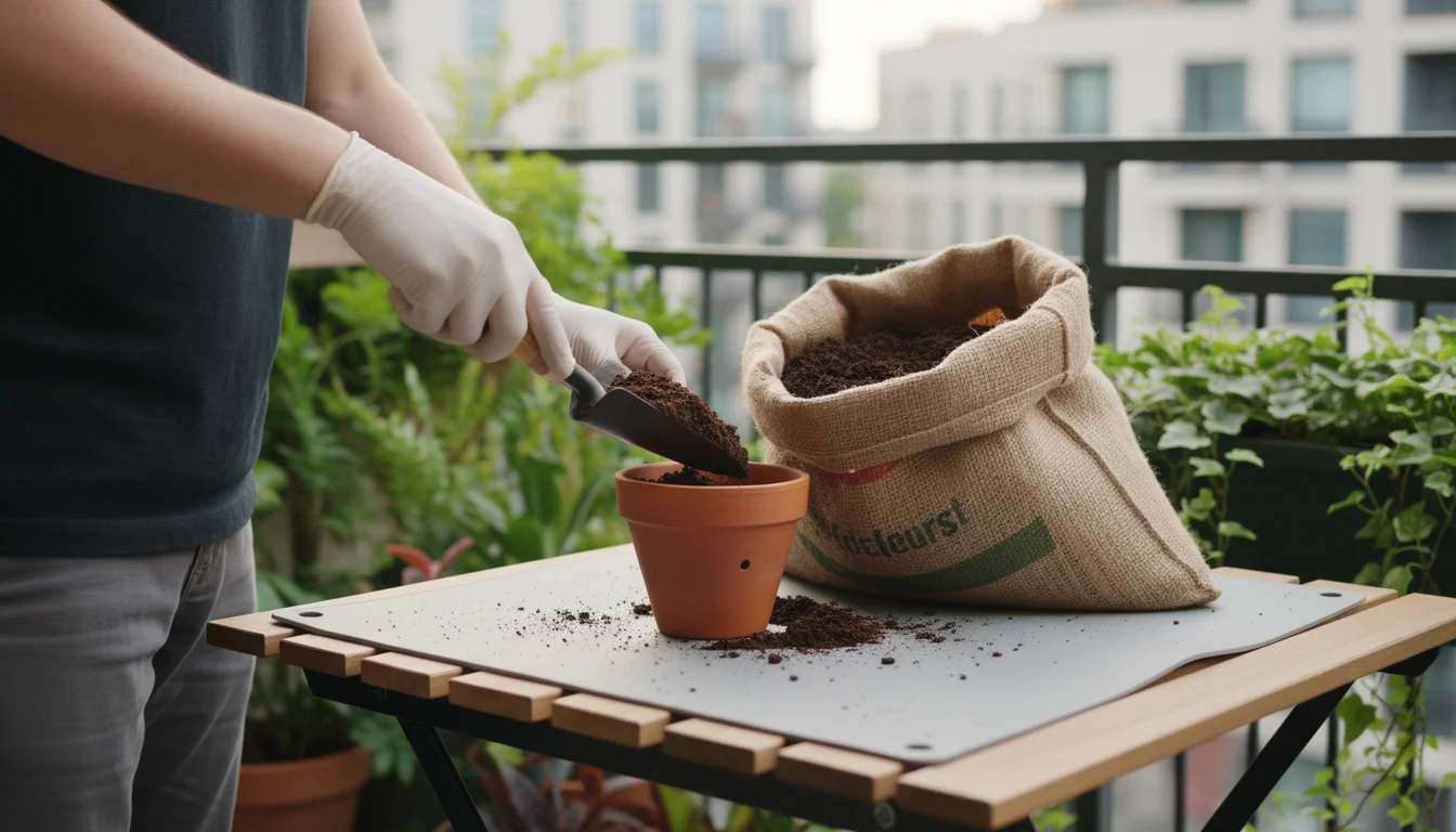 Person scooping moist potting soil from a bag into a terracotta pot on a light-colored plant mat, catching all stray particles on a neat balcony table