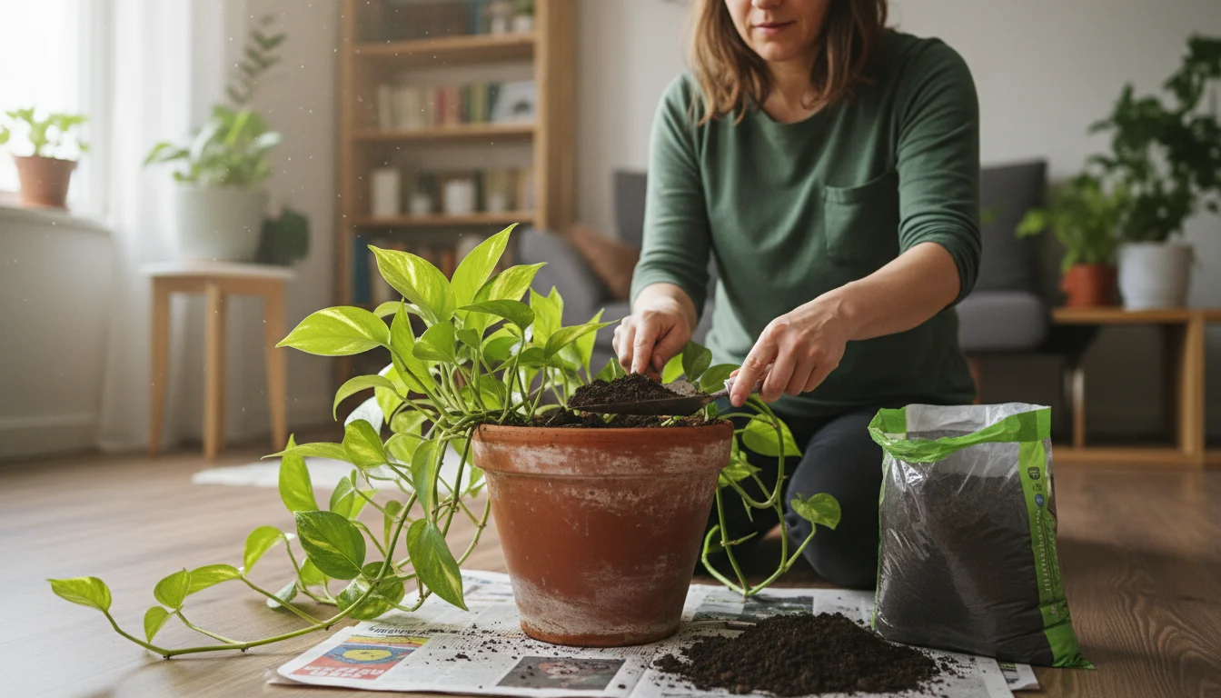 Person gently scoops degraded soil from a Pothos plant in a terracotta pot, preparing to add fresh potting mix.