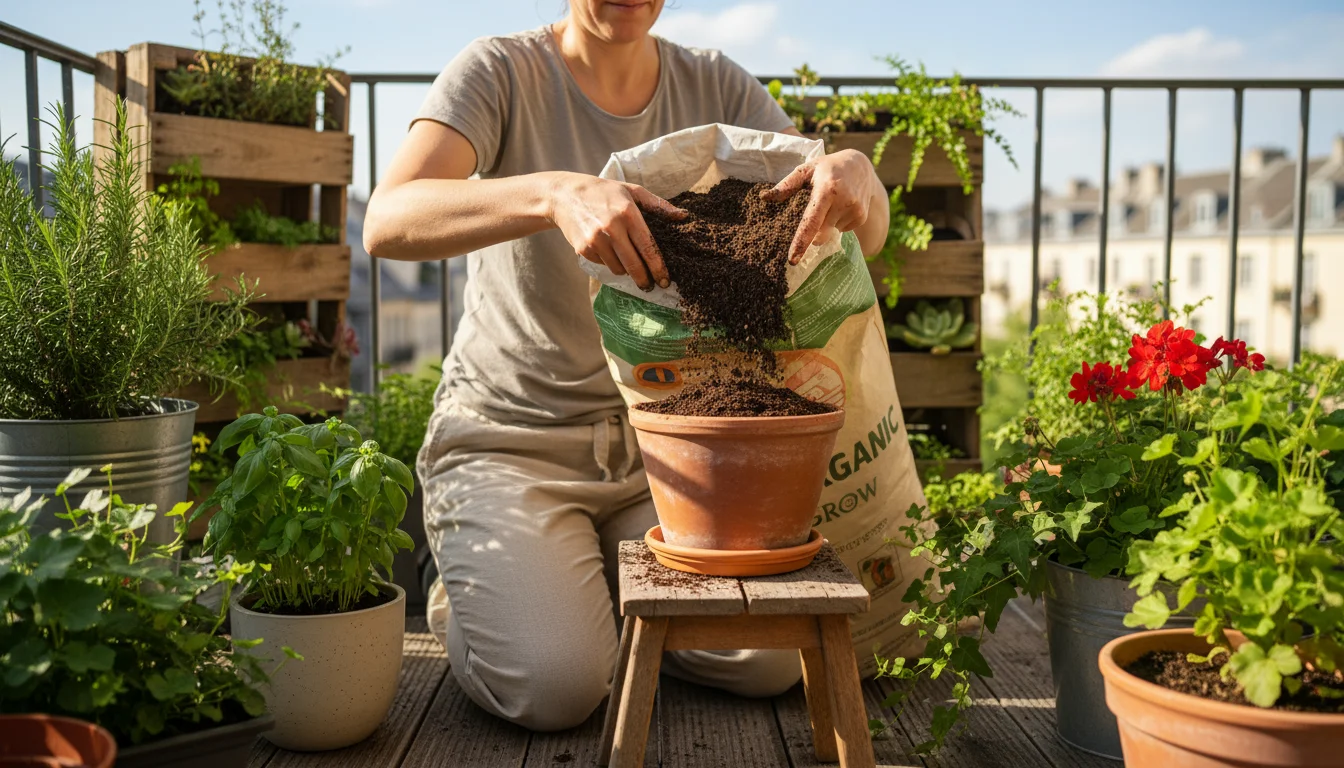 A person scoops fresh potting mix into a terracotta pot on an urban balcony, surrounded by other container plants and city views.