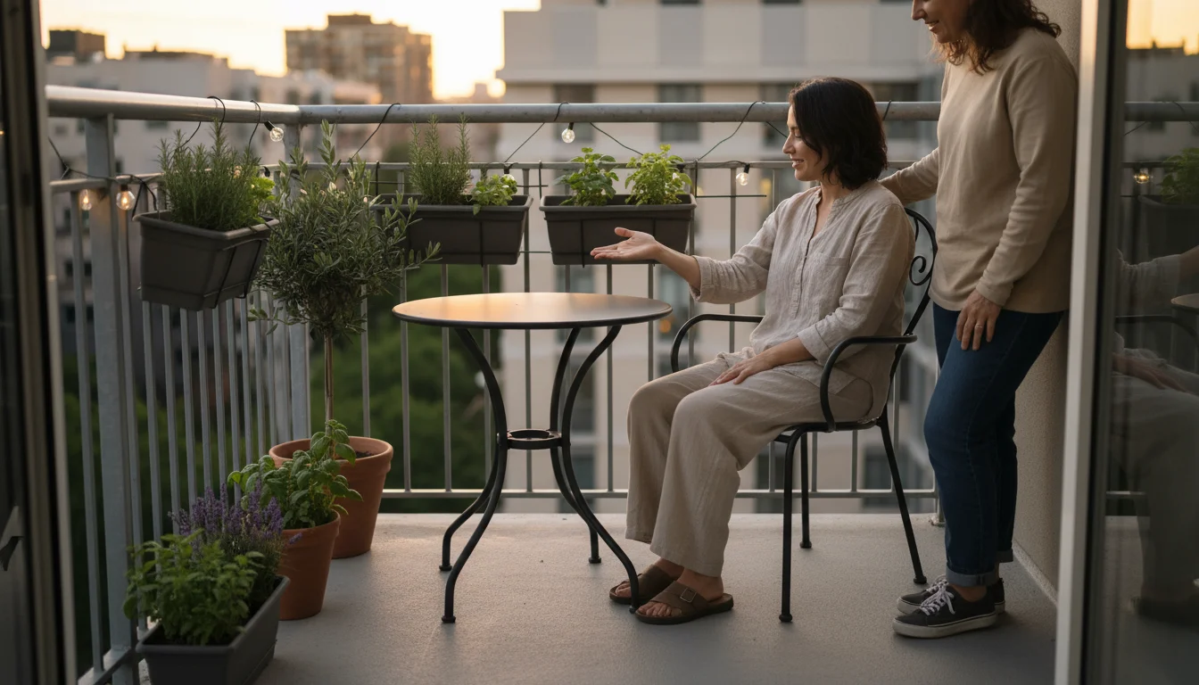 A person seated and another standing at a bistro table on a small urban balcony, demonstrating comfortable chair-to-table clearance amidst container p