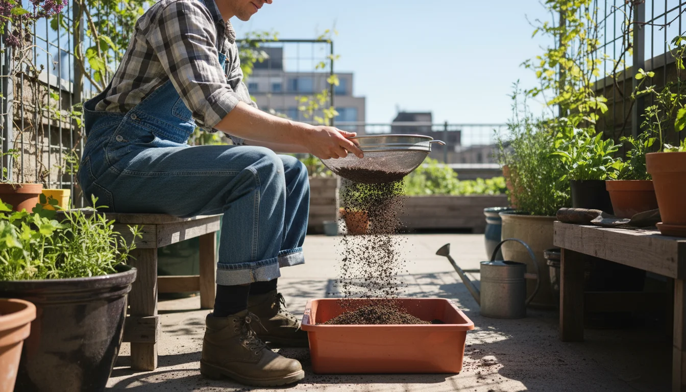 A person seated on a sunny patio, sifting dark potting soil through a metal sieve into a tray, surrounded by vibrant container plants.