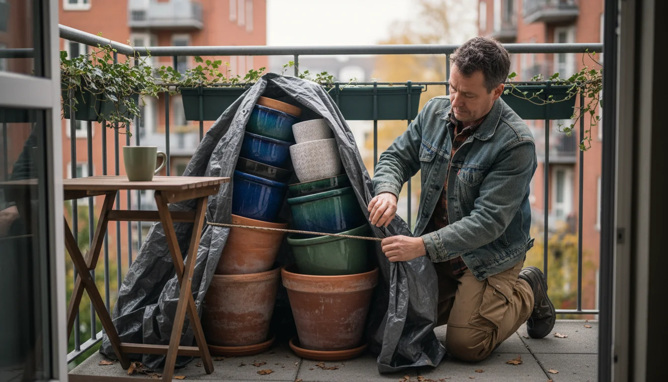 A person secures a dark grey tarp over a neat stack of cleaned terracotta, ceramic, and plastic pots on a small urban patio in fall.