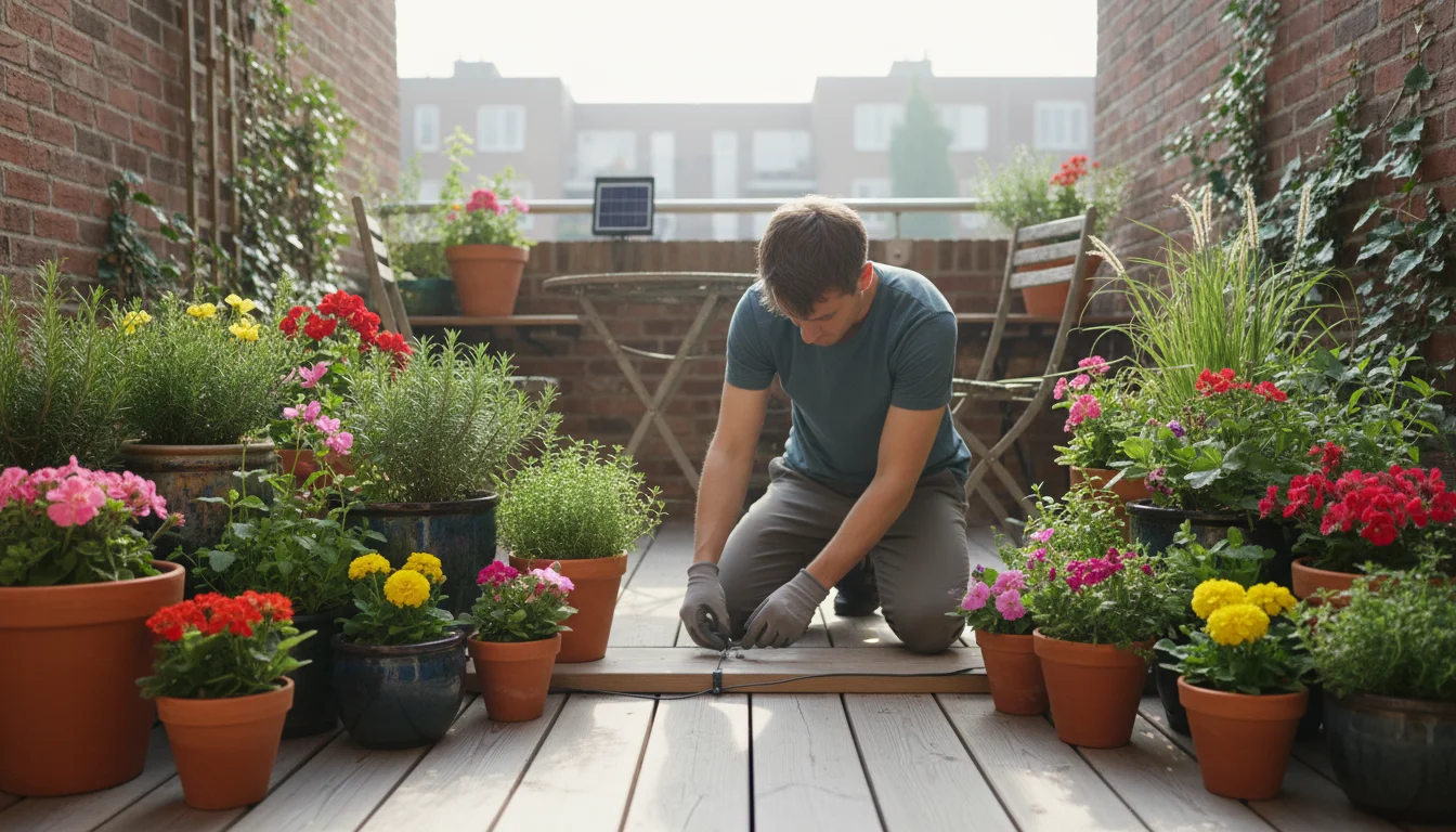 Person neatly securing a thin low-voltage wire along the base of a wooden fence on a sunny small patio with various container plants, demonstrating di