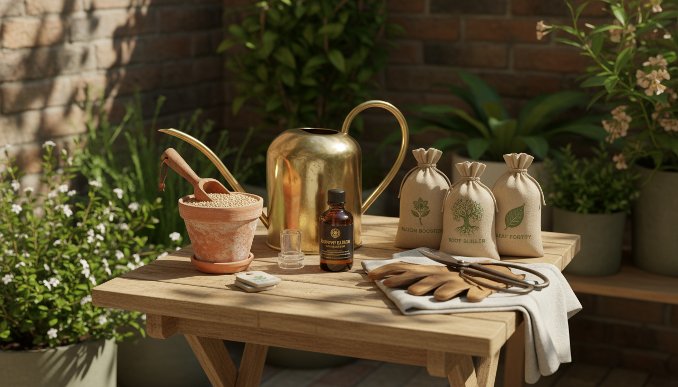 Side profile of a person observing container houseplants on a fall windowsill, holding a diluted fertilizer, with soft golden light.